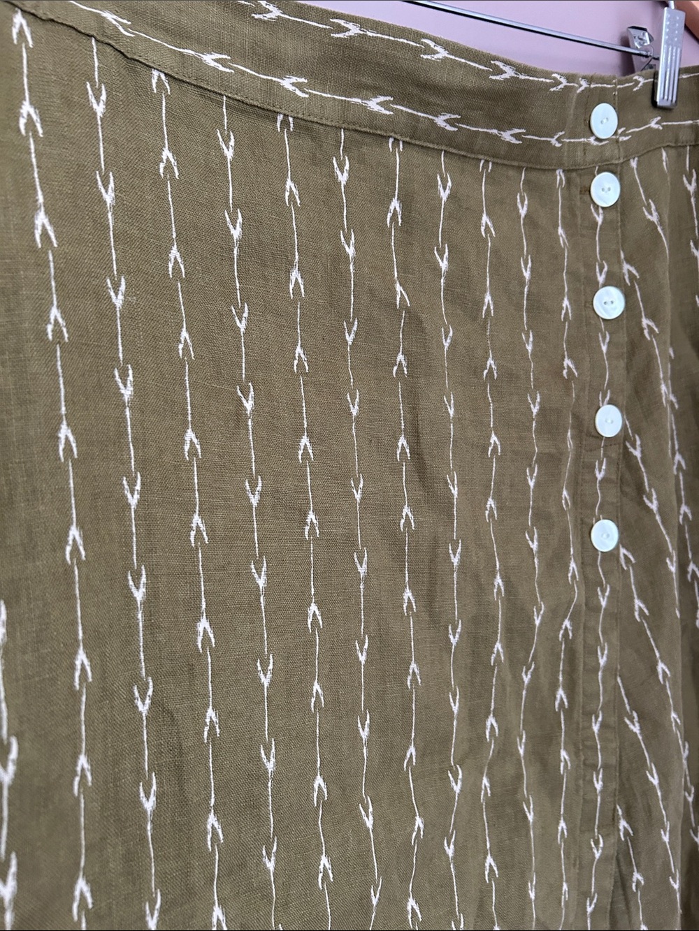Garnet Hill Kona Linen Skirt Olive Green Geometric Midi Front Split Size L - Picture 13 of 13